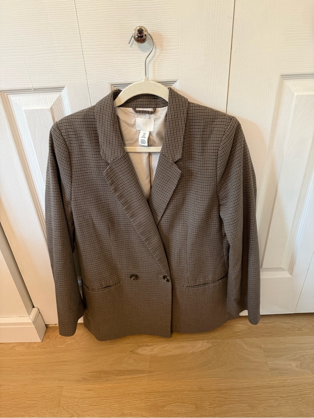 H&M Women's Brown Herringbone Oversized Double-Breasted Blazer Jacket